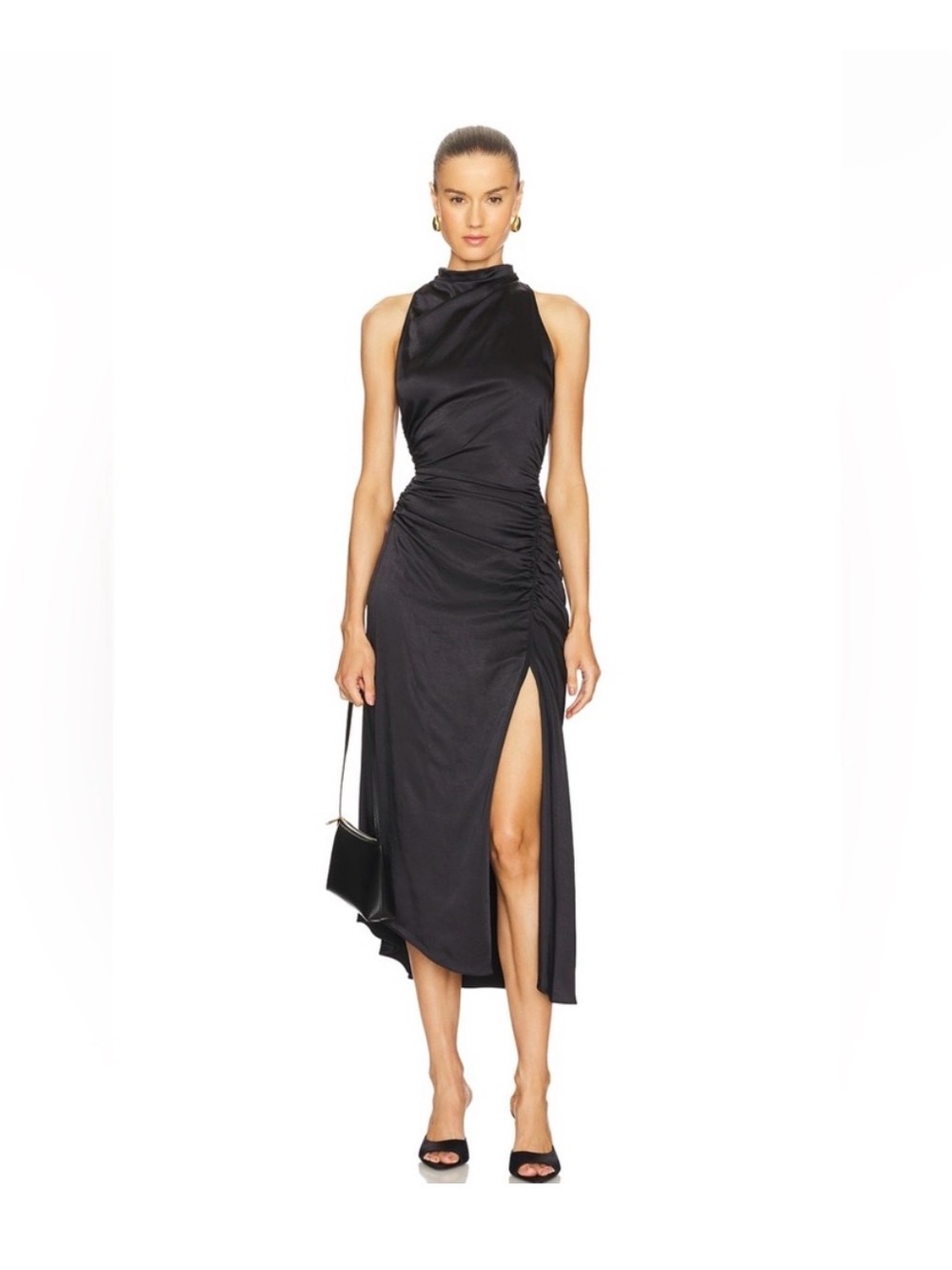 ALC Inez Satin Halter Midi Dress with Side Ruched Slit